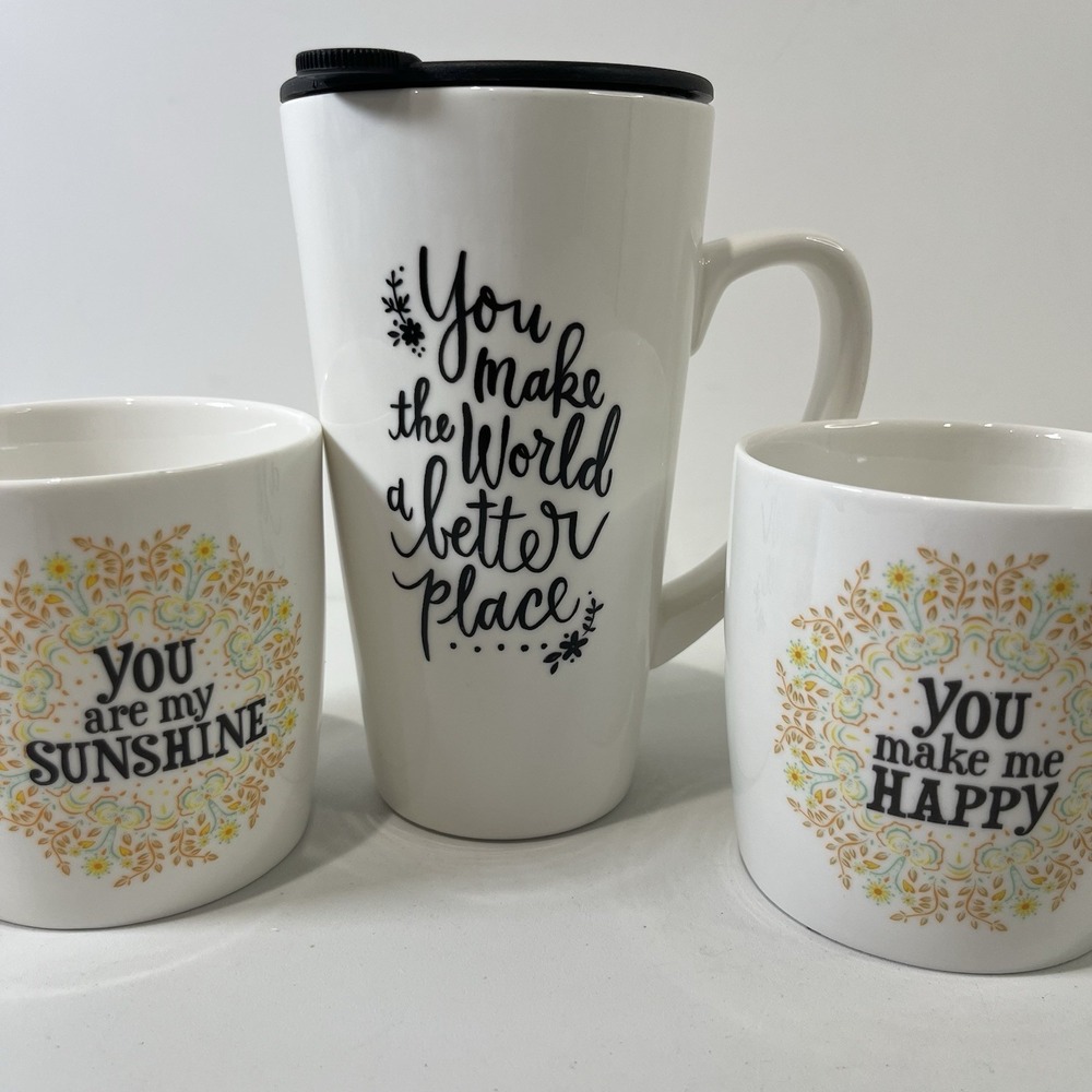 Natural Life Coffee Mug Set Of 3 Mugs Tea Travel Floral White Happy Sunshine - Picture 2 of 4